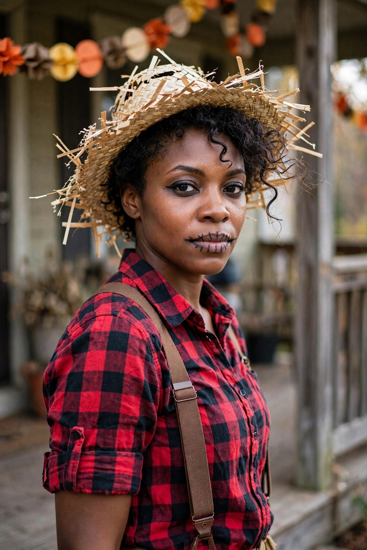 Woman wearing a red and black plaid shirt with brown suspenders and a tattered straw hat while showing stitched mouth face paint as a scarecrow costume.