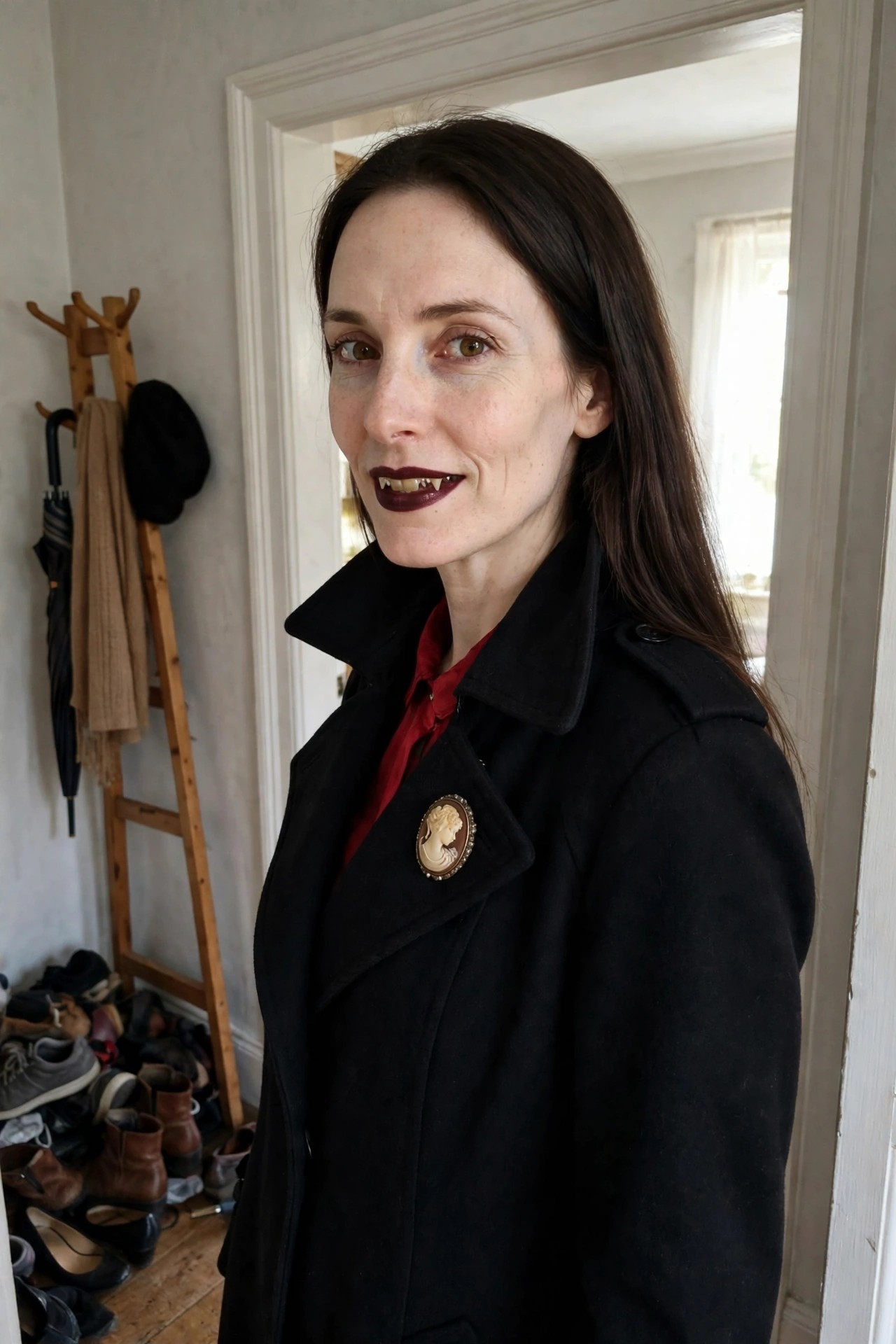 Woman wearing a black coat over a red shirt with a cameo brooch and visible vampire fangs showing through dark lipstick.