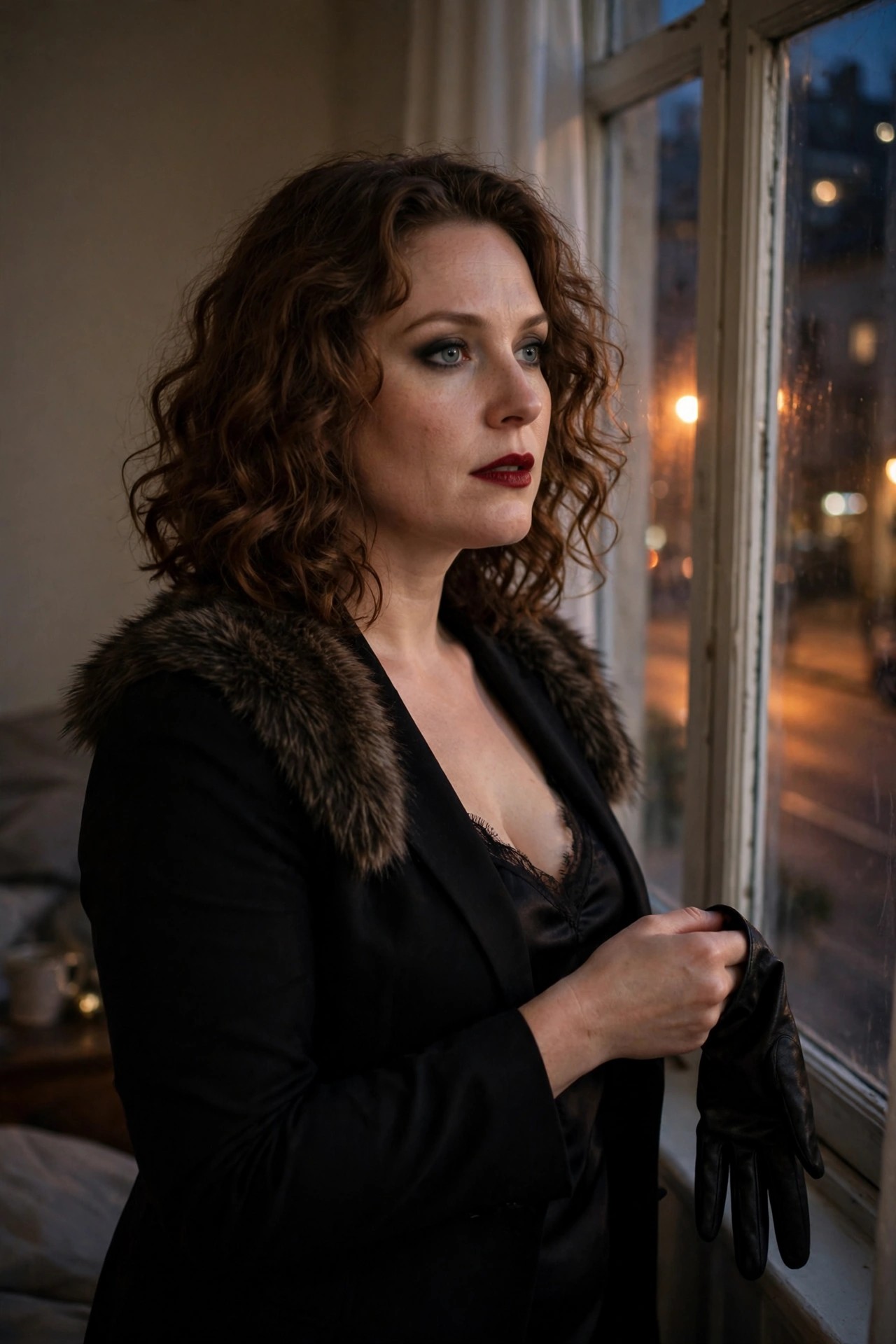 Woman wearing black fur trimmed blazer over lace camisole holding black leather gloves with dark eye makeup and red lips.