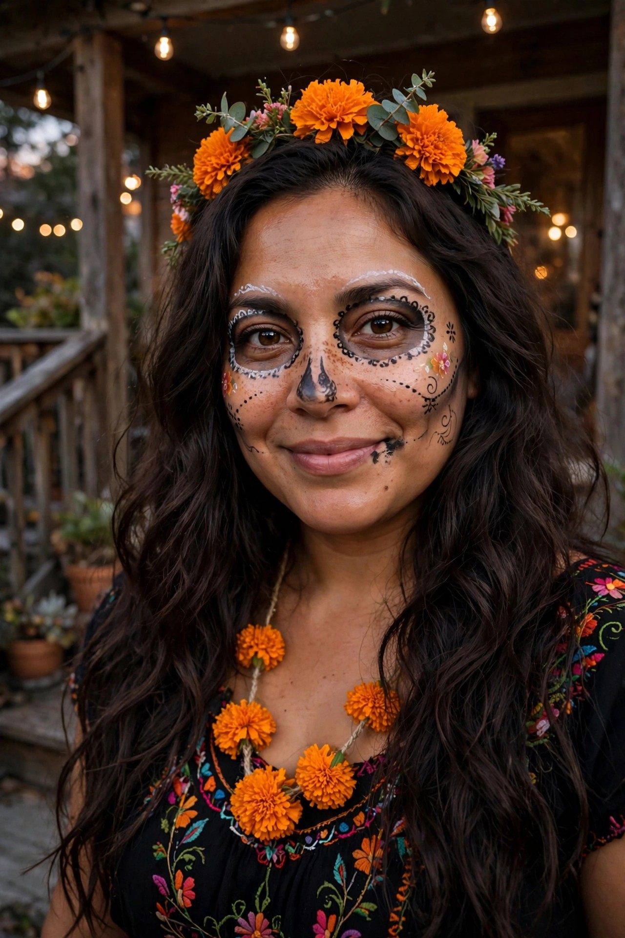 Woman wearing Day of the Dead Catrina costume with sugar skull face paint, orange marigold flower crown, and matching marigold necklace over embroidered black top.