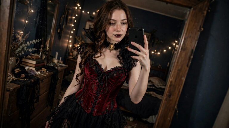 Woman in red velvet corset with black lace details and black lace skirt taking a mirror selfie while wearing vampire fangs and a cameo choker.