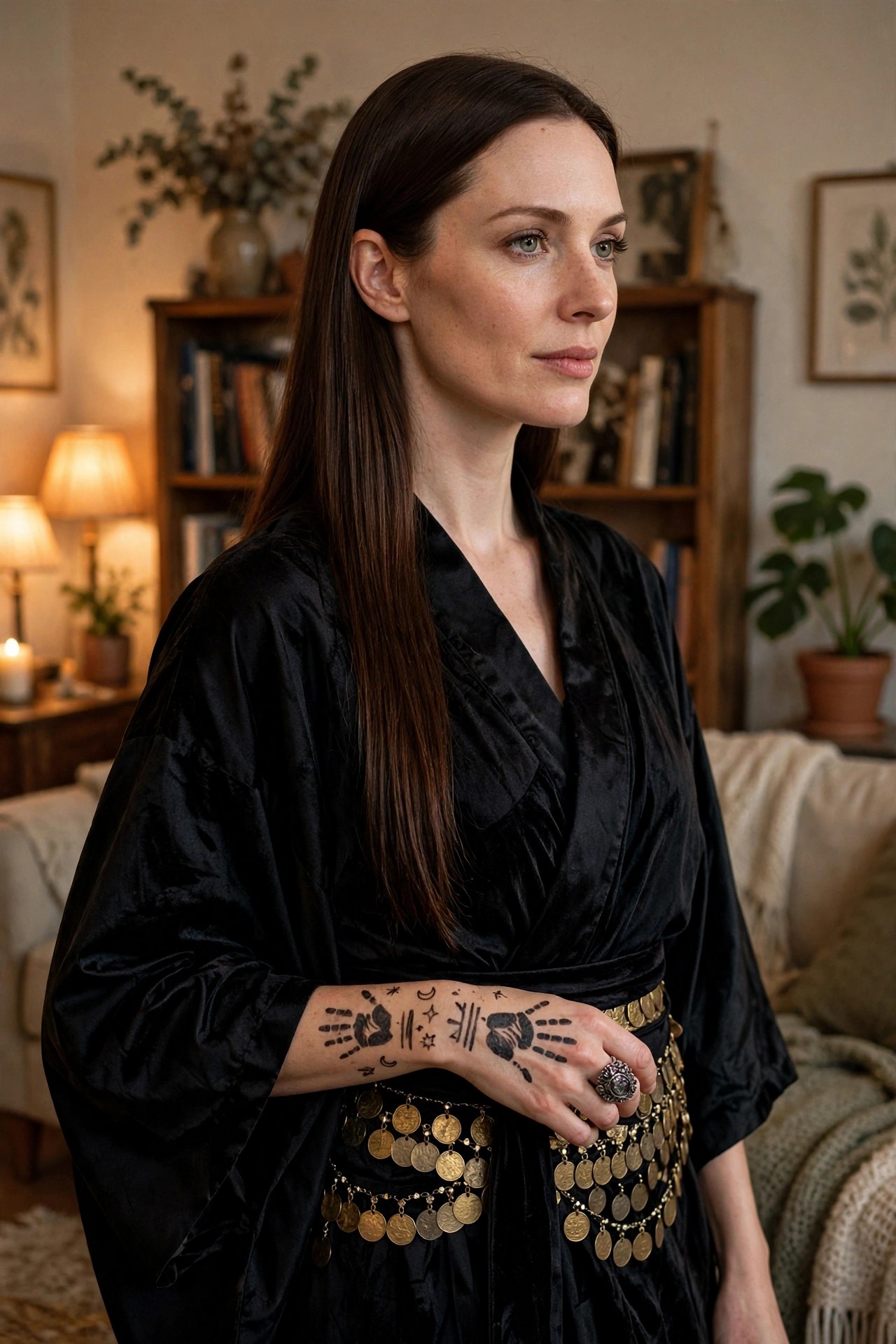 Woman with long dark brown hair wearing a black velvet wrap robe, gold coin belt, and black temporary tattoos of hands, moons, and stars on her forearms.