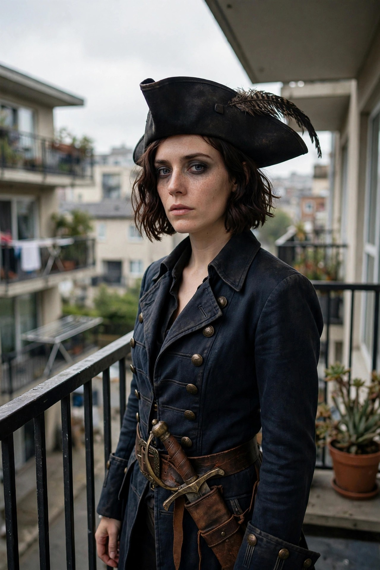 Woman wearing a dark blue pirate coat with brass buttons, a black tricorn hat with a feather, and a sword in a leather belt.