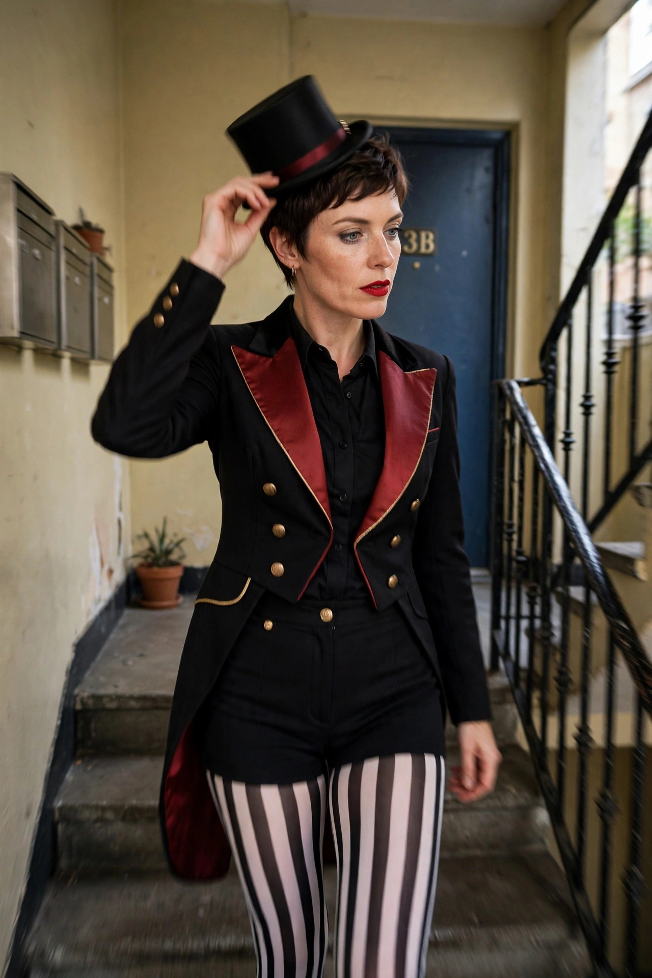 Woman wearing a black ringmaster tailcoat with red satin lapels and gold buttons, black shorts, striped tights, and a black top hat.