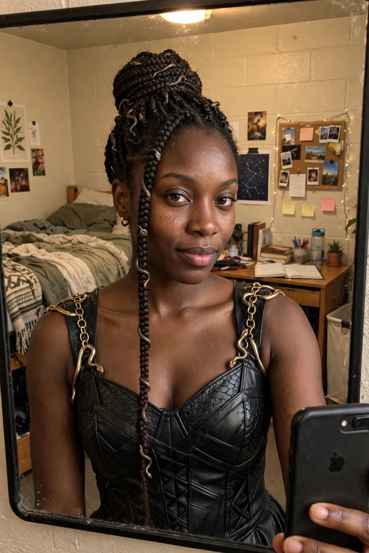 Woman wearing a black scale textured corset dress with gold snake chain details on the shoulders and braids accented with small snake charms.