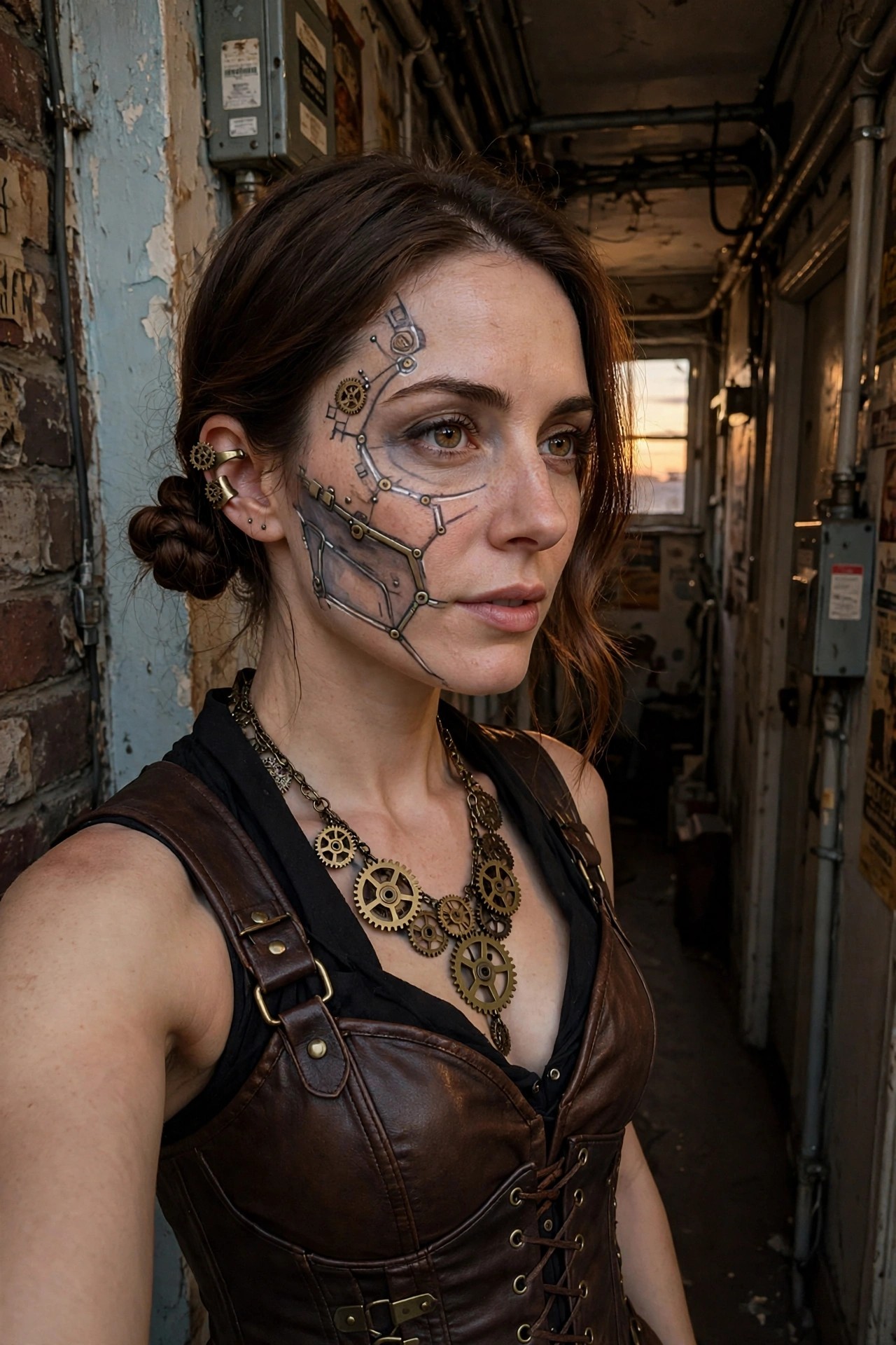 Woman with brown hair in a bun wearing a brown leather corset and brass gear jewelry, with mechanical steampunk face paint covering the left side of her face.