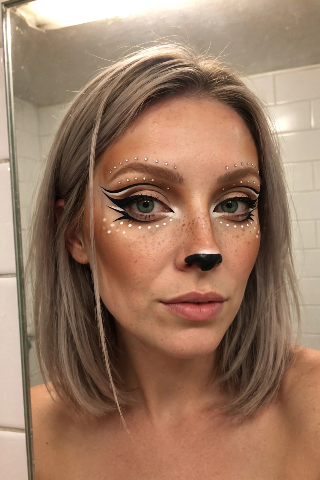 Close-up of deer face paint featuring a solid black nose, white muzzle accents with dotted details, dramatic black and white winged eyeliner, and scattered rhinestones across the forehead and cheeks.