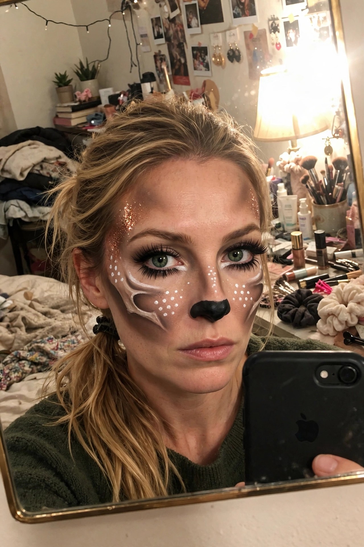 Close up of deer face paint with black nose, white dots on cheeks, white antler shapes, and glitter on forehead.