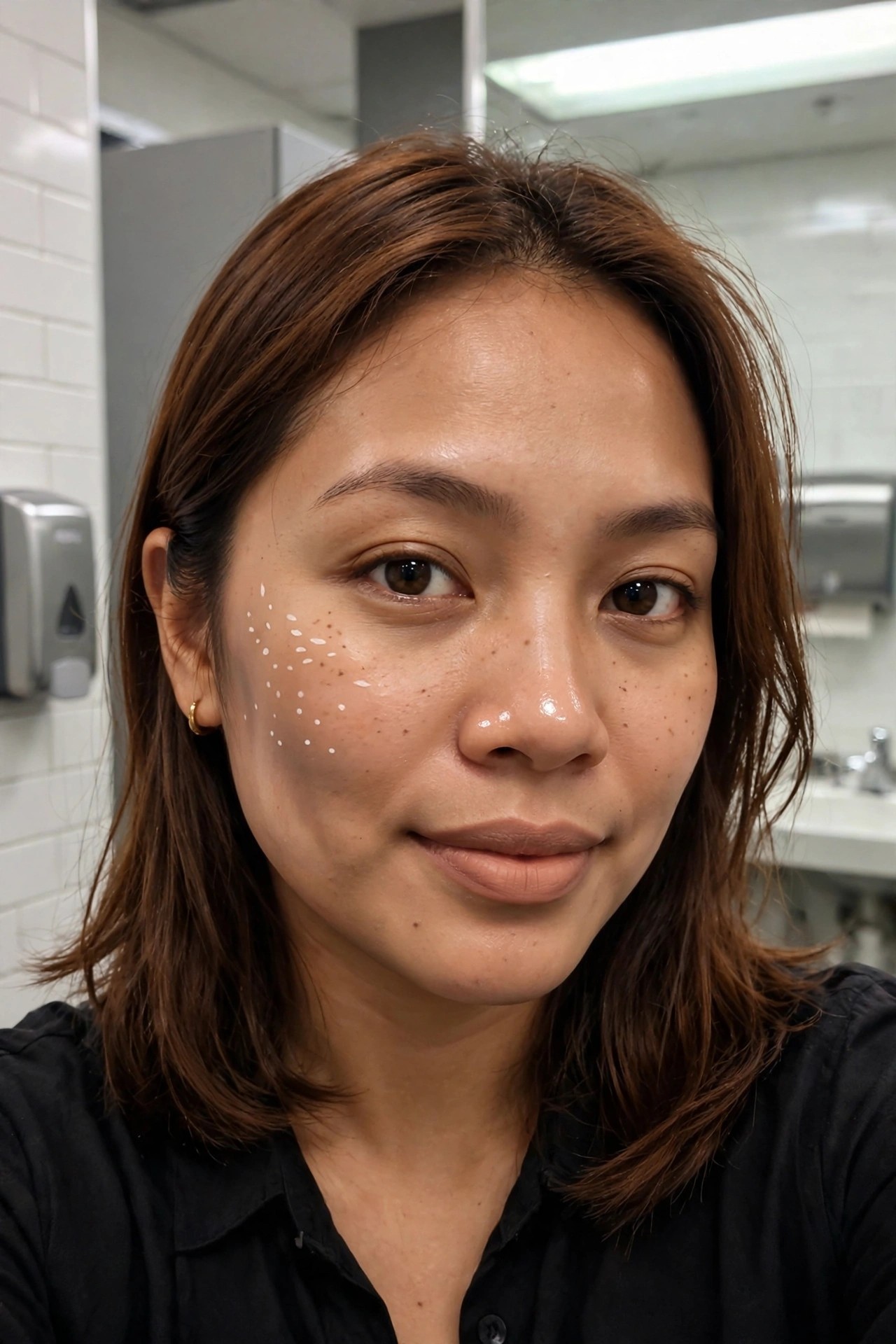 Close-up of a woman with white oval dots and small brown dots painted on her left cheek in a fawn spot pattern.