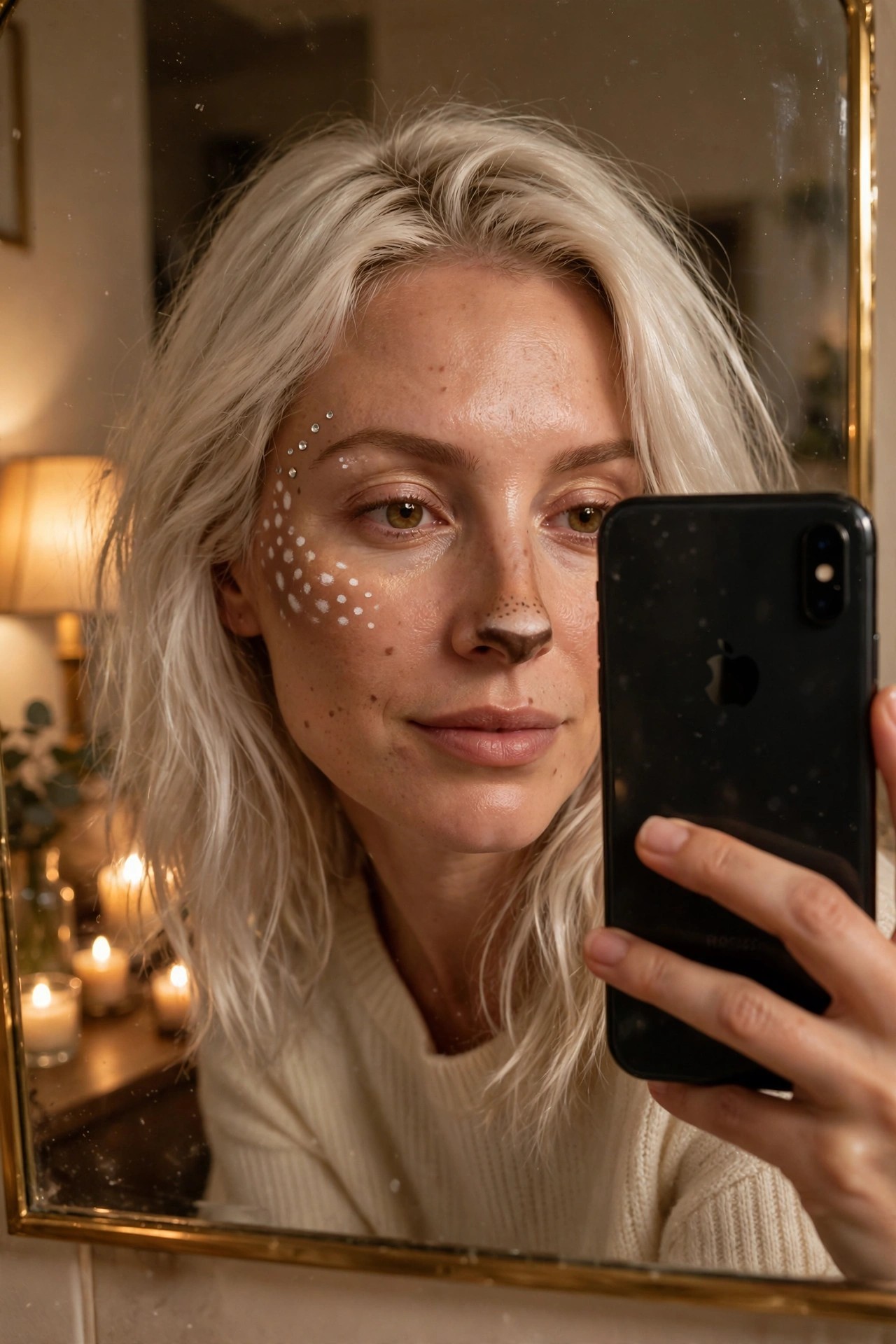 Close-up mirror selfie of a woman with platinum blonde hair showing deer makeup with a brown painted nose and white dots arranged on her left cheek.