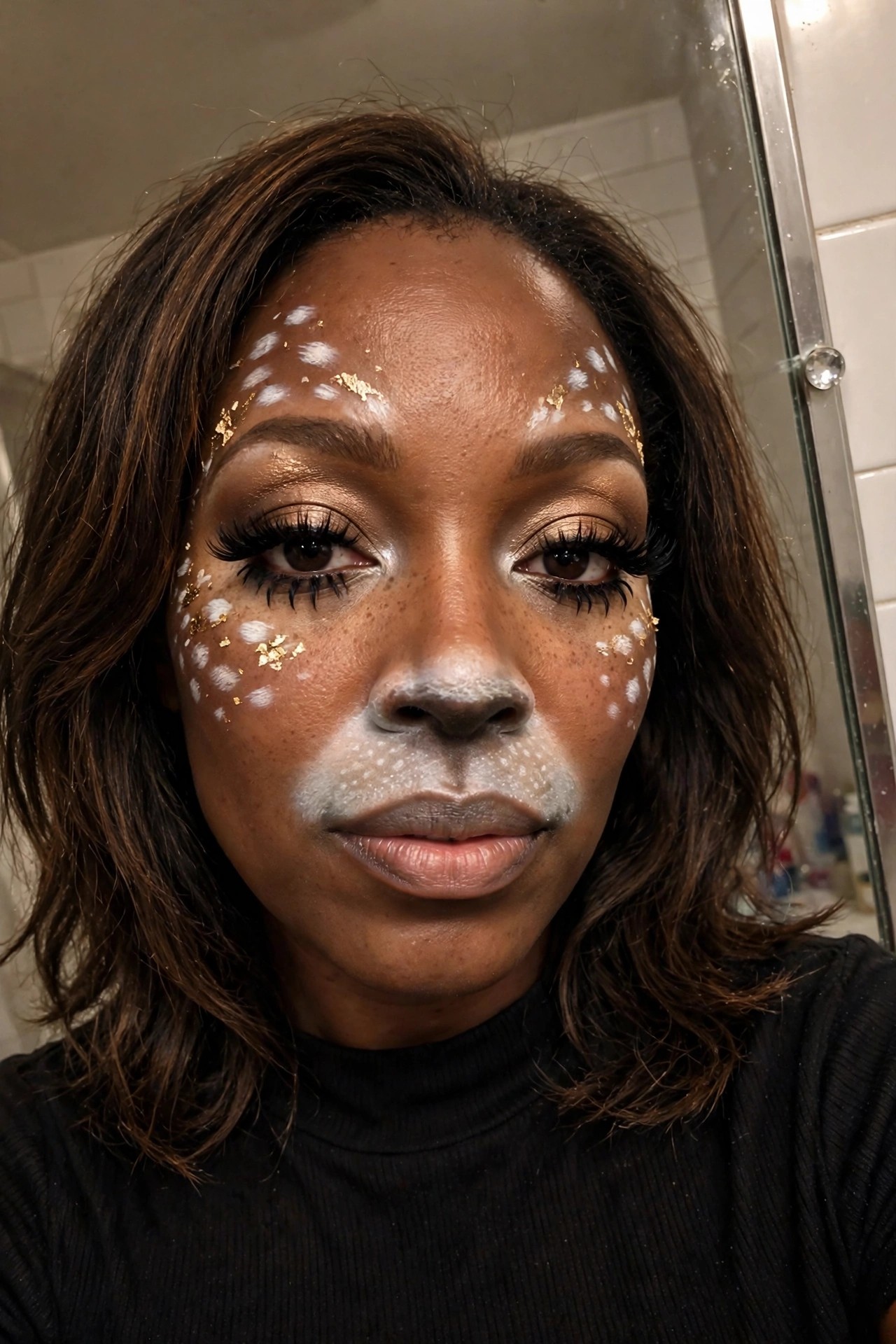 Close up of deer inspired makeup with white spots on cheeks and forehead, gold leaf accents, glitter on the nose bridge, and long false lashes.