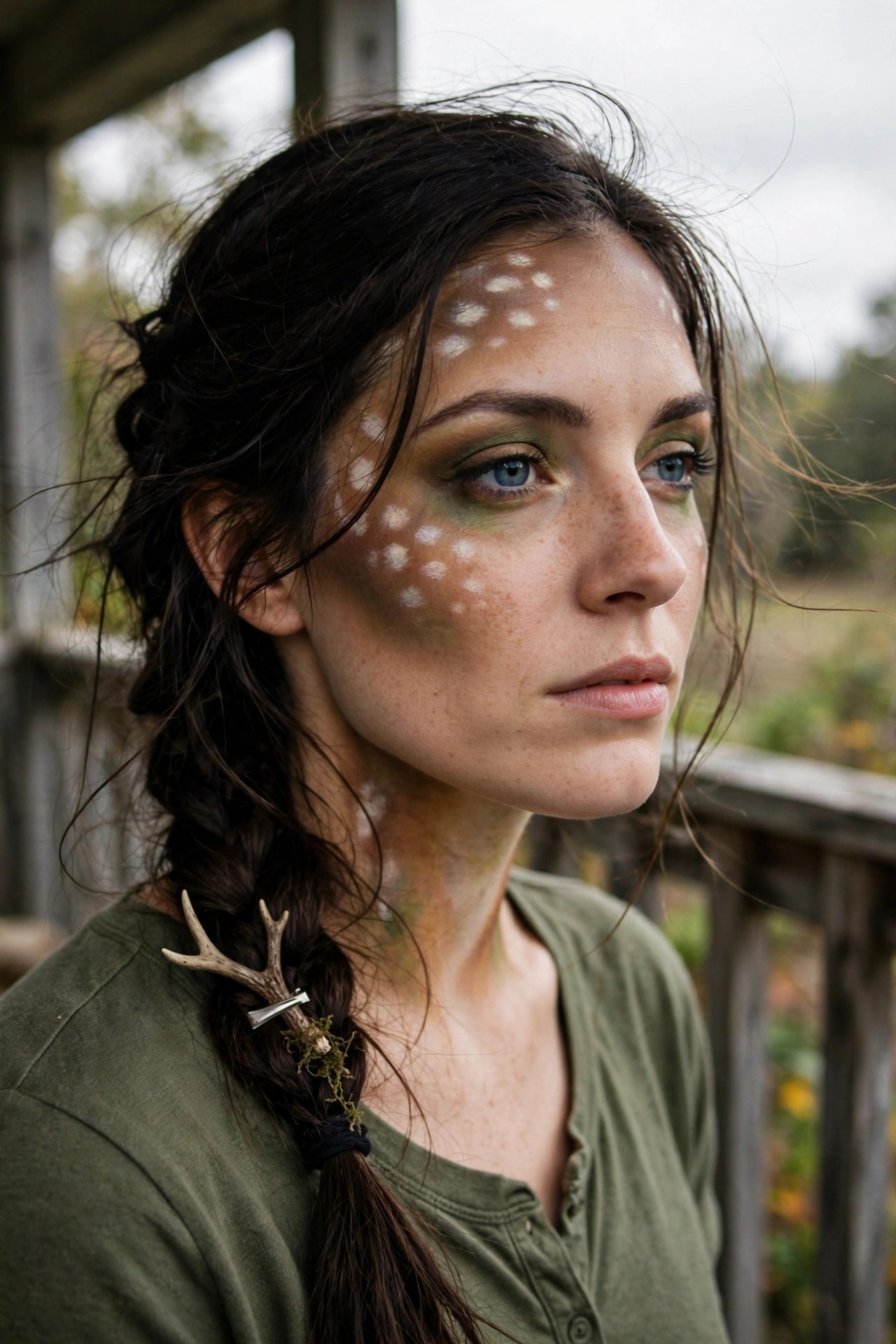 Close-up of deer makeup with white spots on forehead and cheek, green eyeshadow, and an antler clip in a braid.