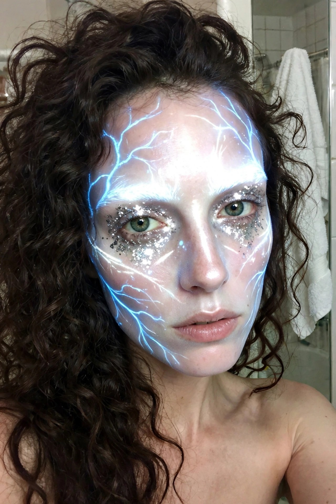 Close up of a woman with pale glossy skin and glowing blue lightning crack patterns painted across her forehead cheeks and jawline plus heavy silver glitter around the eyes for a ghost makeup look.
