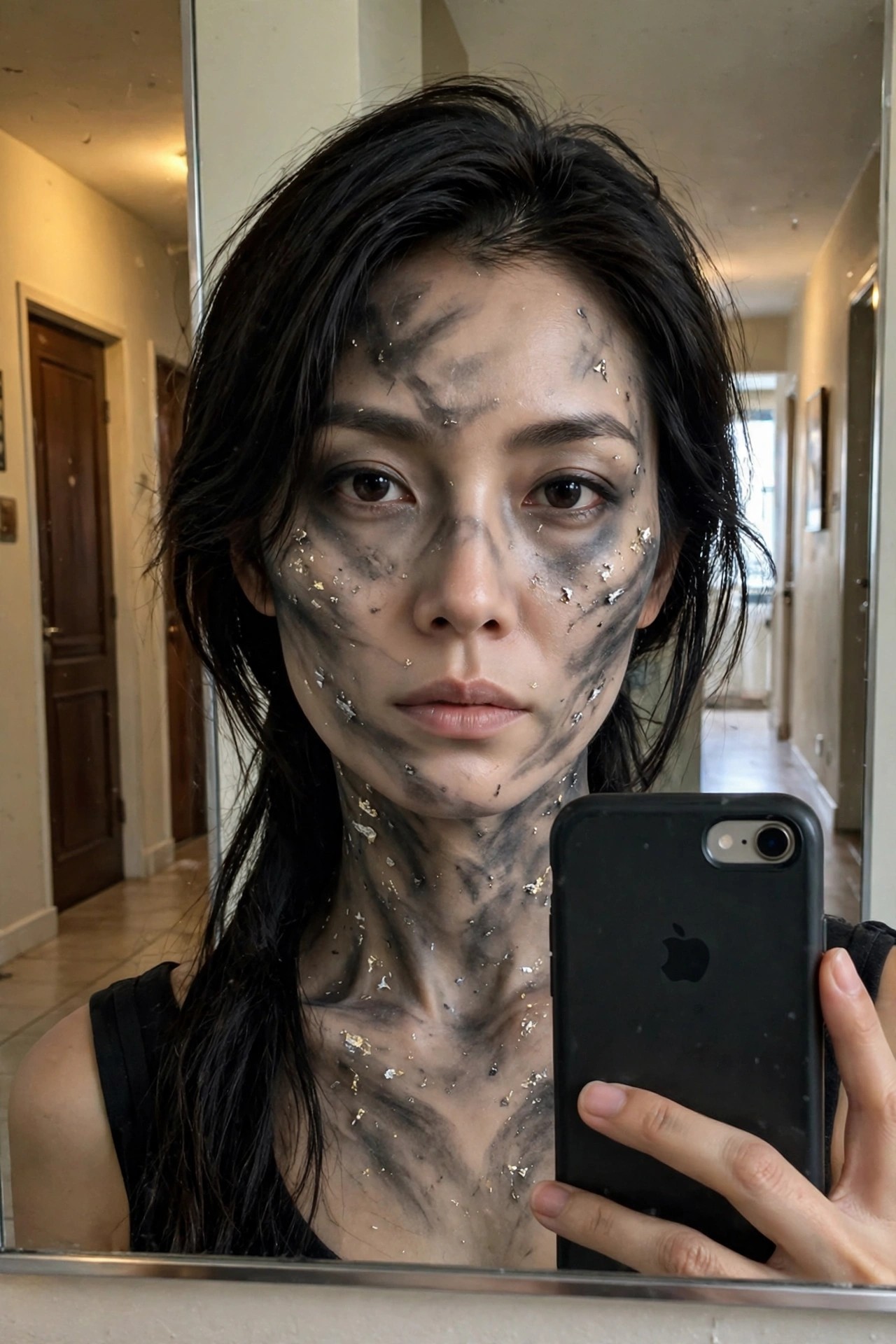 Close up of ghost makeup with cracked smoky gray and black face paint plus scattered metallic flakes extending onto the neck.