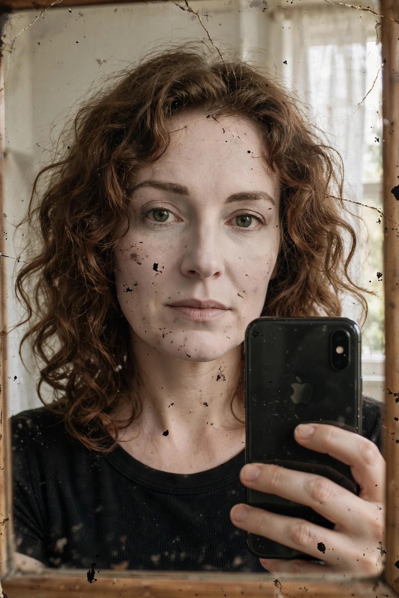 Close up of cracked porcelain ghost makeup with black fracture lines and peeling sections across the face and neck.