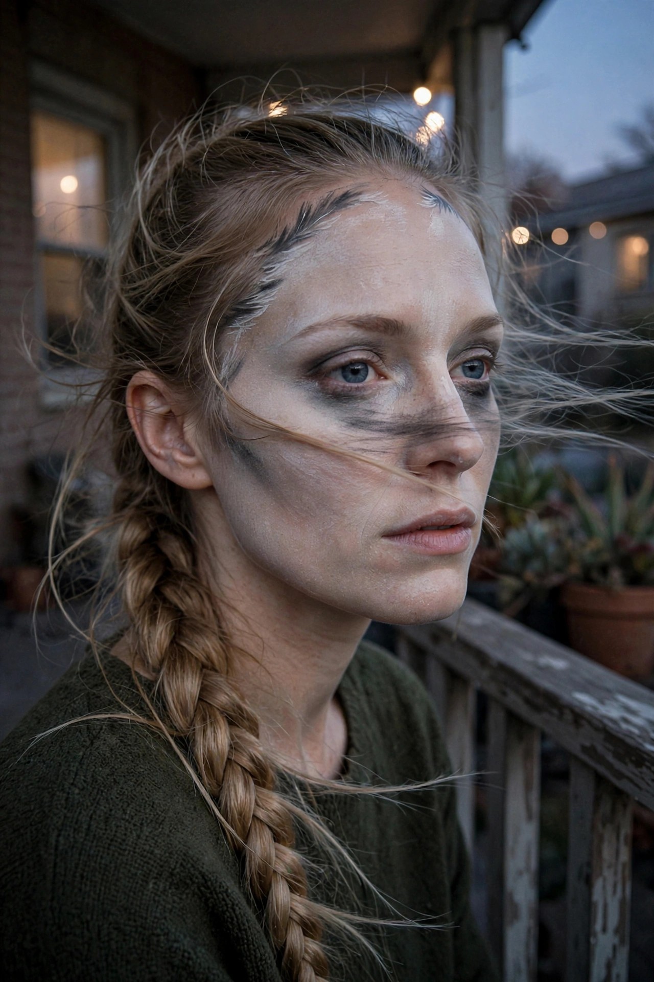 Close up of a woman with pale ghost makeup featuring dark under eye shadows and black crack like lines across the forehead.