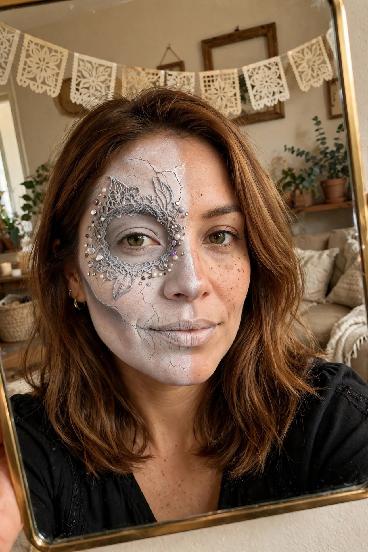 Close-up of a woman wearing cracked white and gray face paint designed to look like broken porcelain, with an ornate gray lace mask detail around the left eye accented by pearls and small gems.