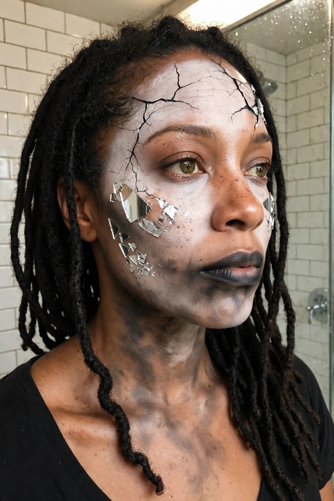 Close-up of cracked white face paint with black fracture lines and small mirror shards applied to the cheek and forehead.