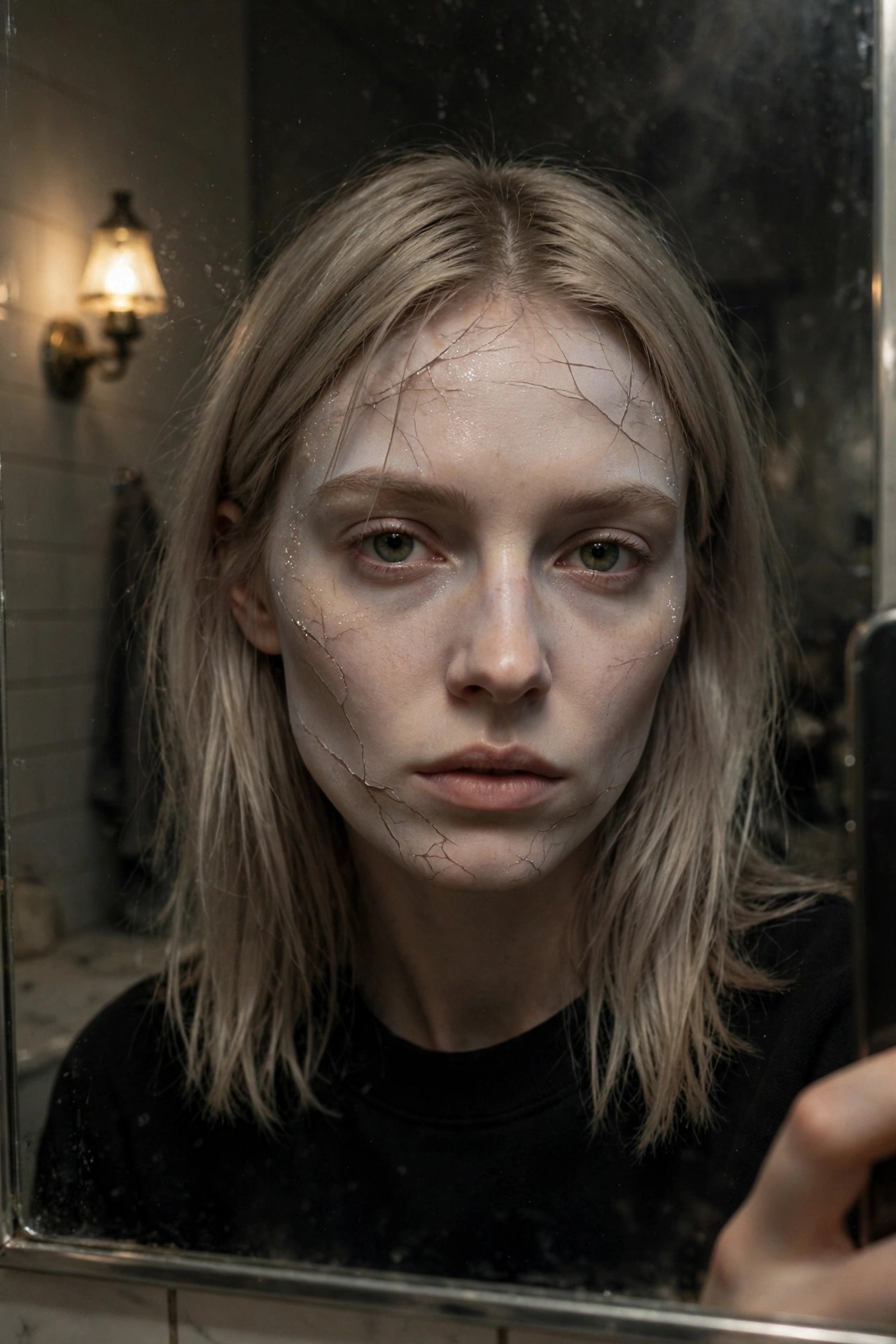 Close up of cracked porcelain ghost makeup with fine lines across forehead, cheeks, and jaw on a pale base.