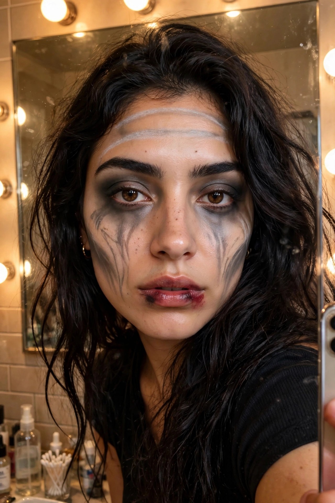 Close up of ghost makeup with white forehead lines, heavy smudged dark eye makeup dripping down the cheeks, and dark lips.
