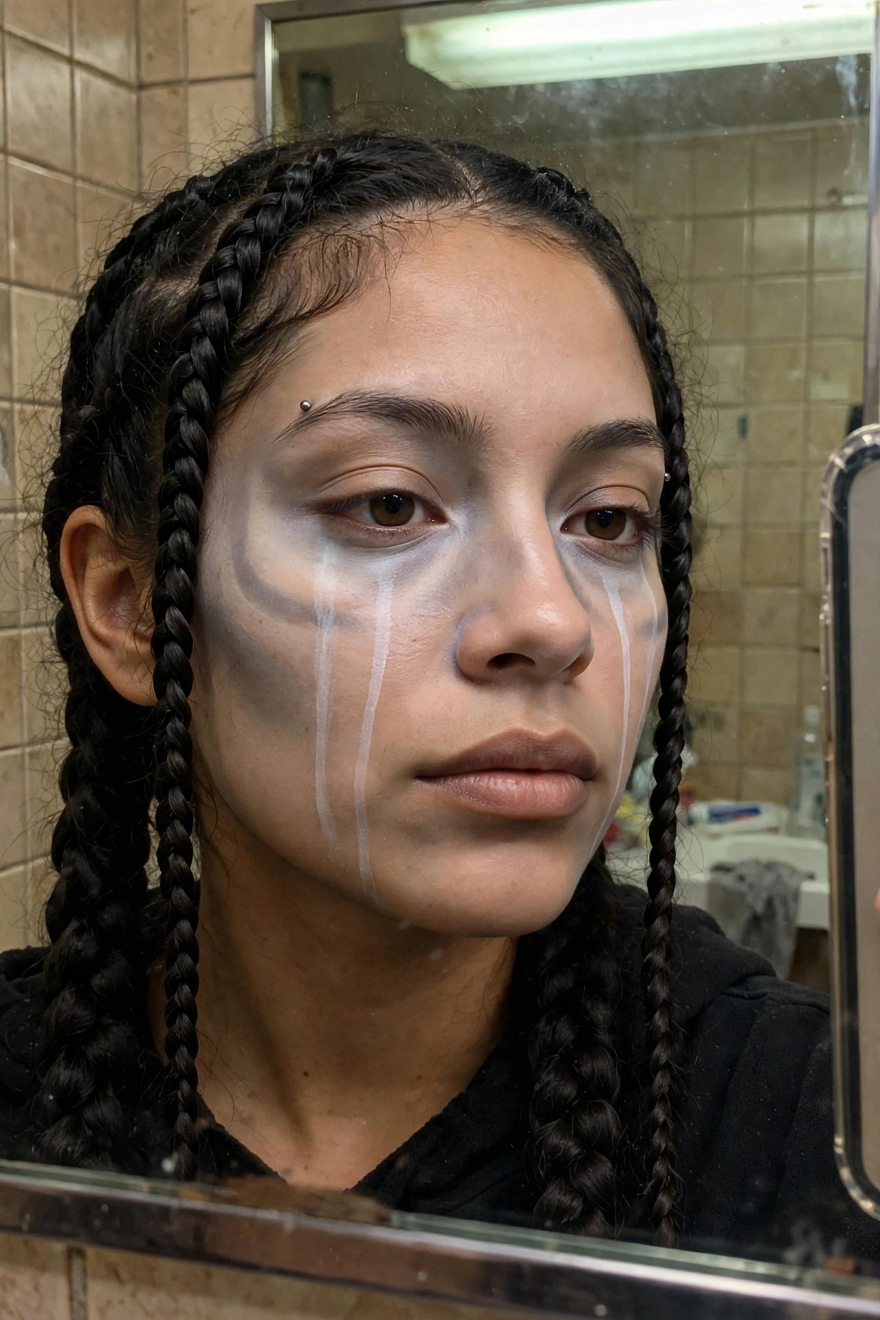 close up of face with white base makeup, gray shading around eyes, and white drips running down both cheeks like melting ghost tears