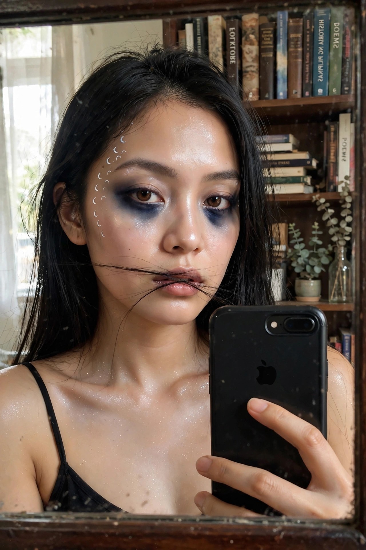 Close up of a woman wearing dark blue smoky eye makeup with white crescent moon shapes curving around one eye and thin black strands extending from the mouth area.