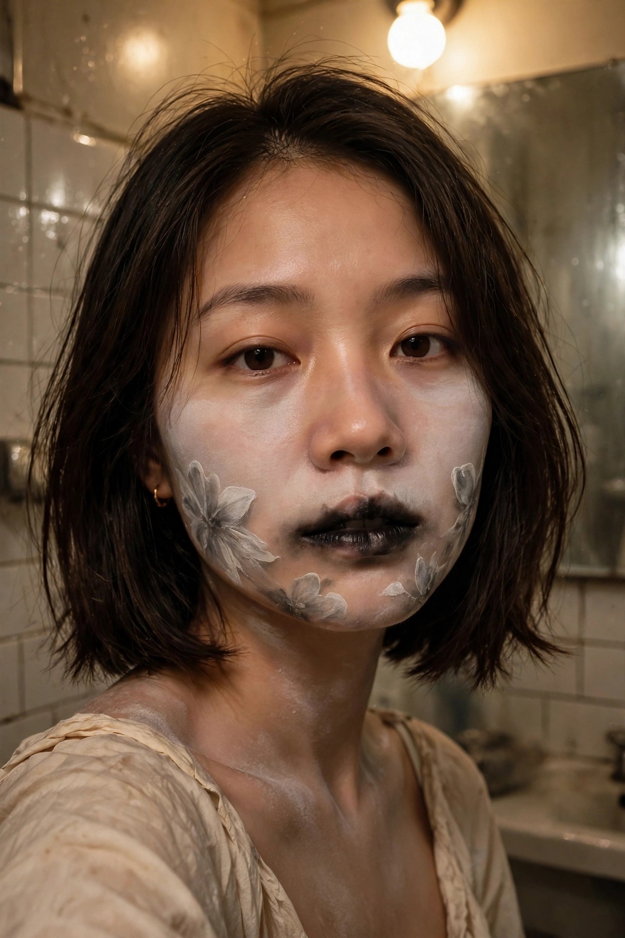 Close-up of ghost makeup with white base, black lips, and gray painted flowers on the cheeks.