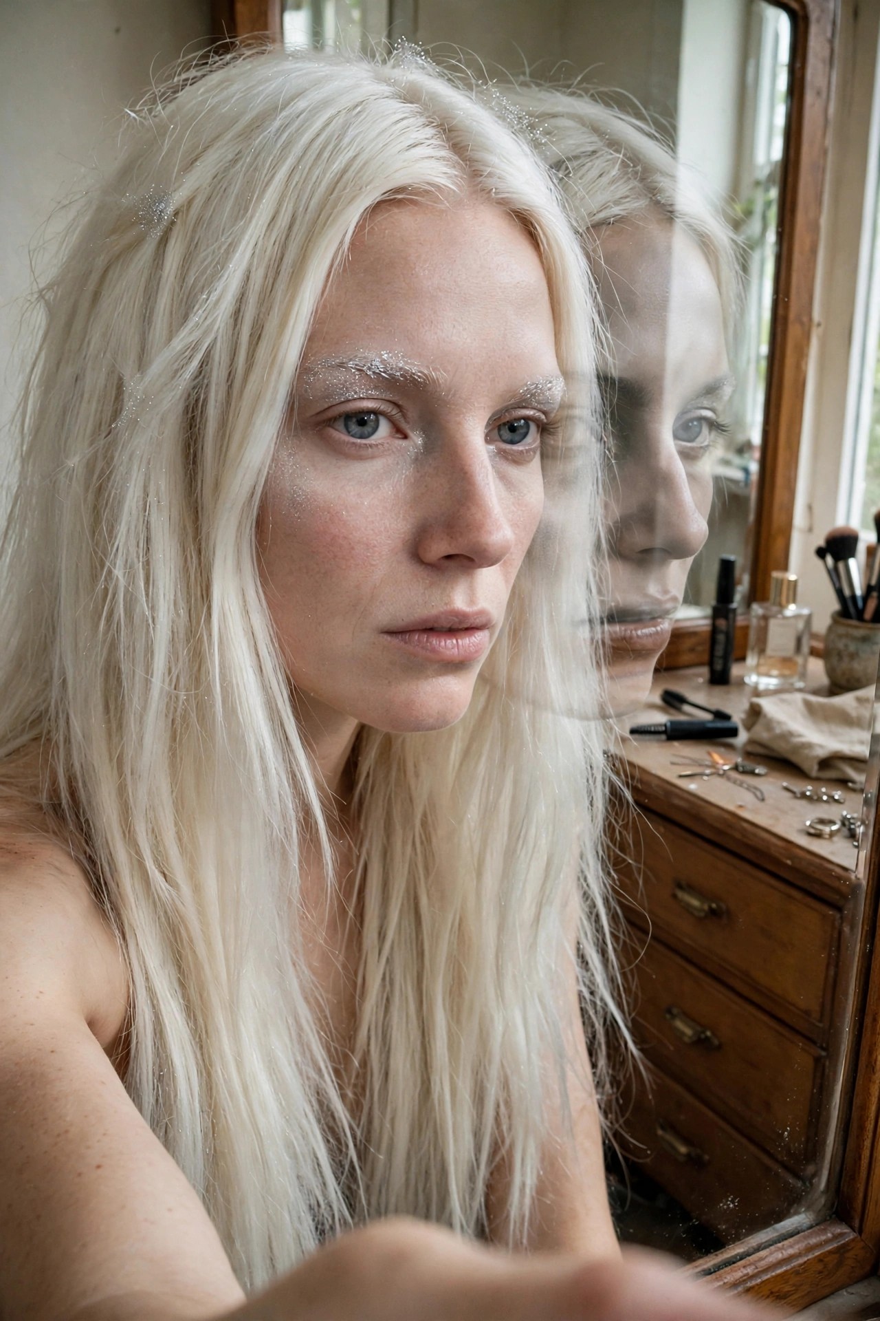 Close up of a woman wearing pale base makeup with silver glitter applied to the eyebrows and under the eyes, creating a ghost effect, with a mirror reflection showing a darker version of the same look.
