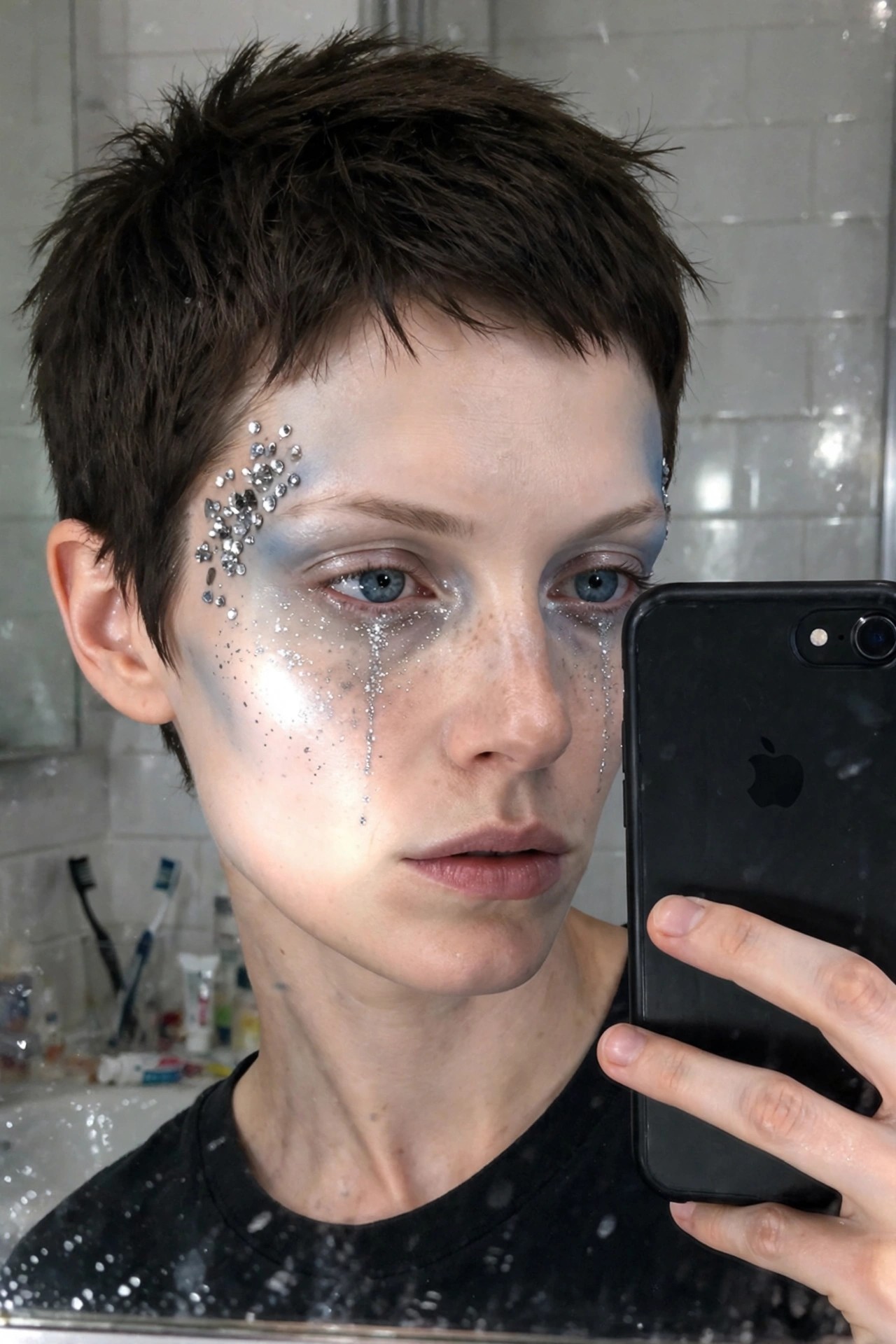Close-up of short-haired person wearing pale foundation, blue eyeshadow, and heavy silver glitter with rhinestones clustered around one eye with glitter trails running down the cheek like tears.