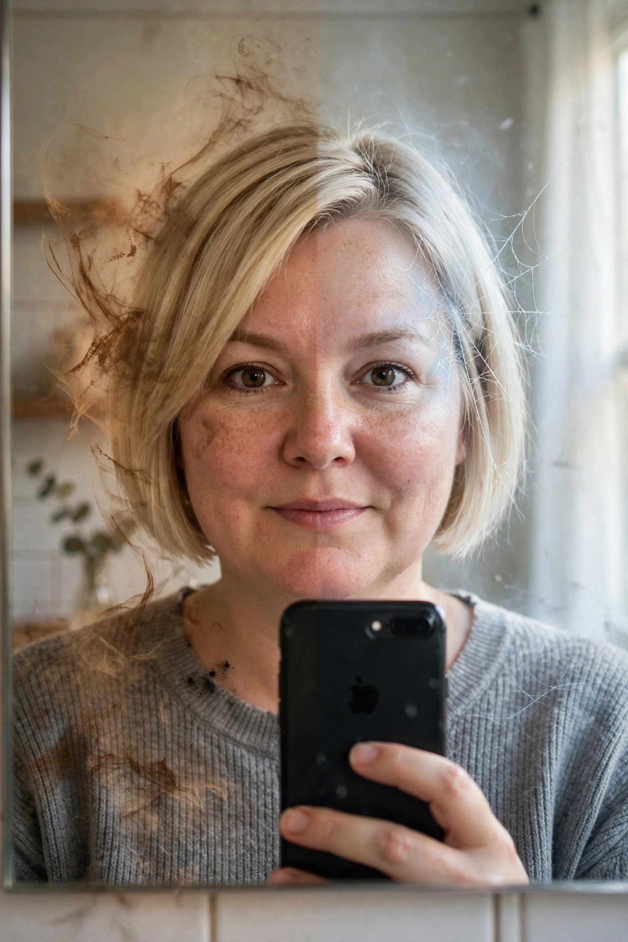 Close up mirror selfie showing split face ghost makeup with one side dirty and smudged brown and the other side pale with white spiderweb details.