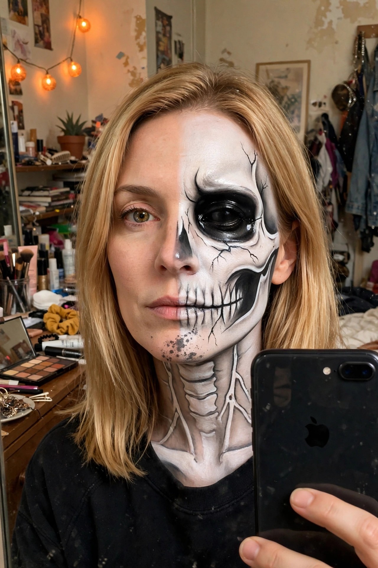 Close up of a woman with half her face painted as a detailed white skull with black eye socket, cracked lines, and teeth, plus skeletal neck details on the painted side.