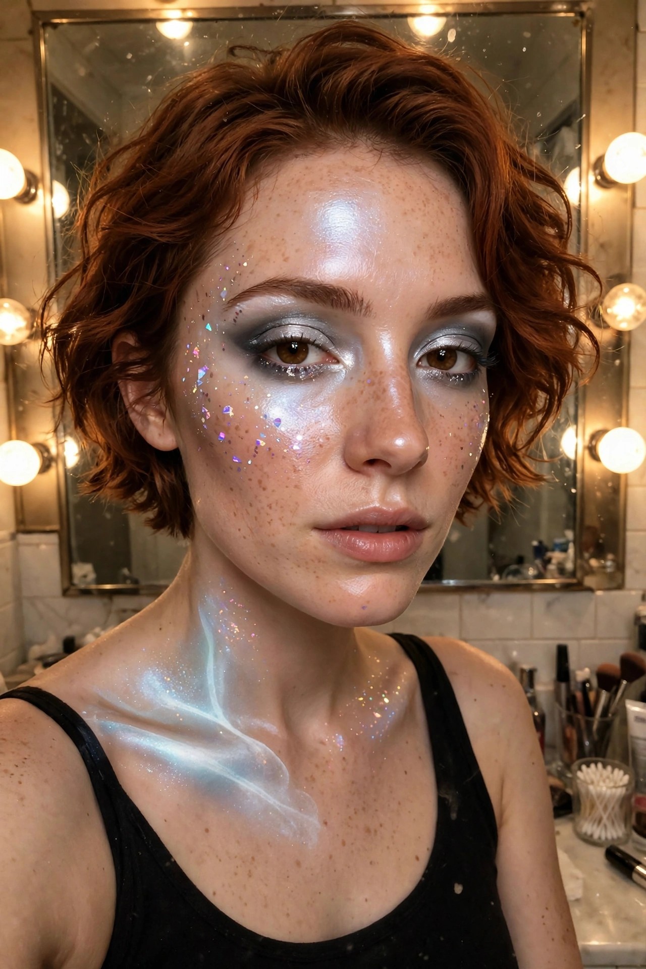 Close-up of a woman with short red hair wearing silver smoky eye makeup, scattered iridescent glitter on her cheeks, and glowing blue-white face paint extending onto her neck and chest.