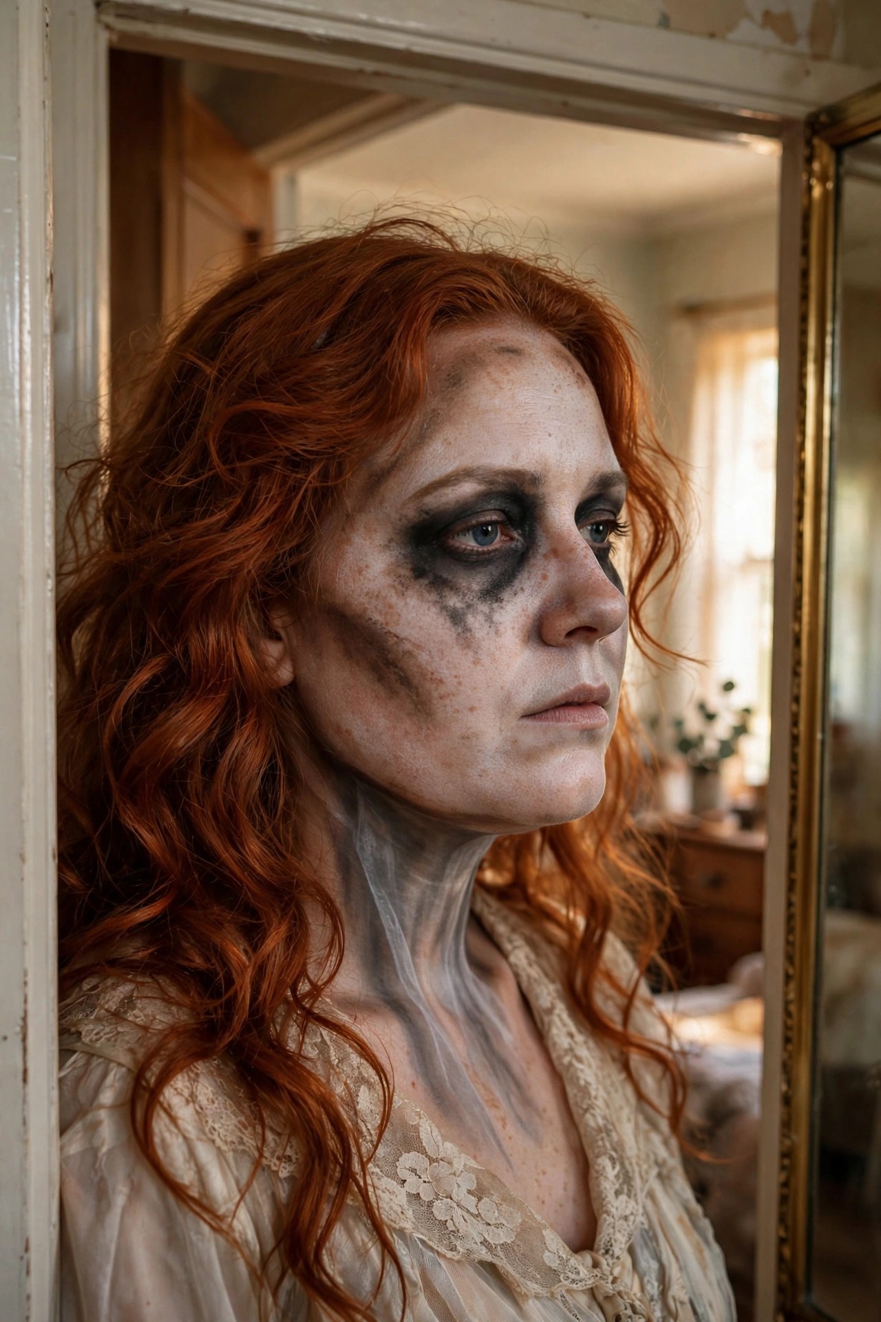 Close up of pale white face paint with heavy black eye makeup and dark smudges on cheeks and neck, red hair visible.