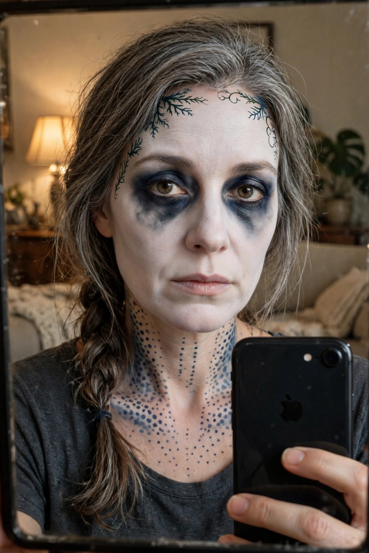 Close up of ghost makeup featuring dark smoky eyes in black and blue, white base, painted branch designs on forehead and temples, and dotted skeletal pattern on neck.