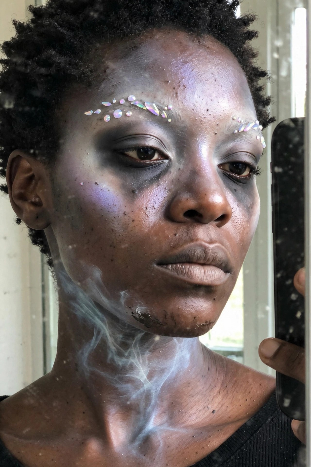 Close-up of dark smoky eye makeup with iridescent jewels along the brows and white smoke-style face paint extending onto the neck.
