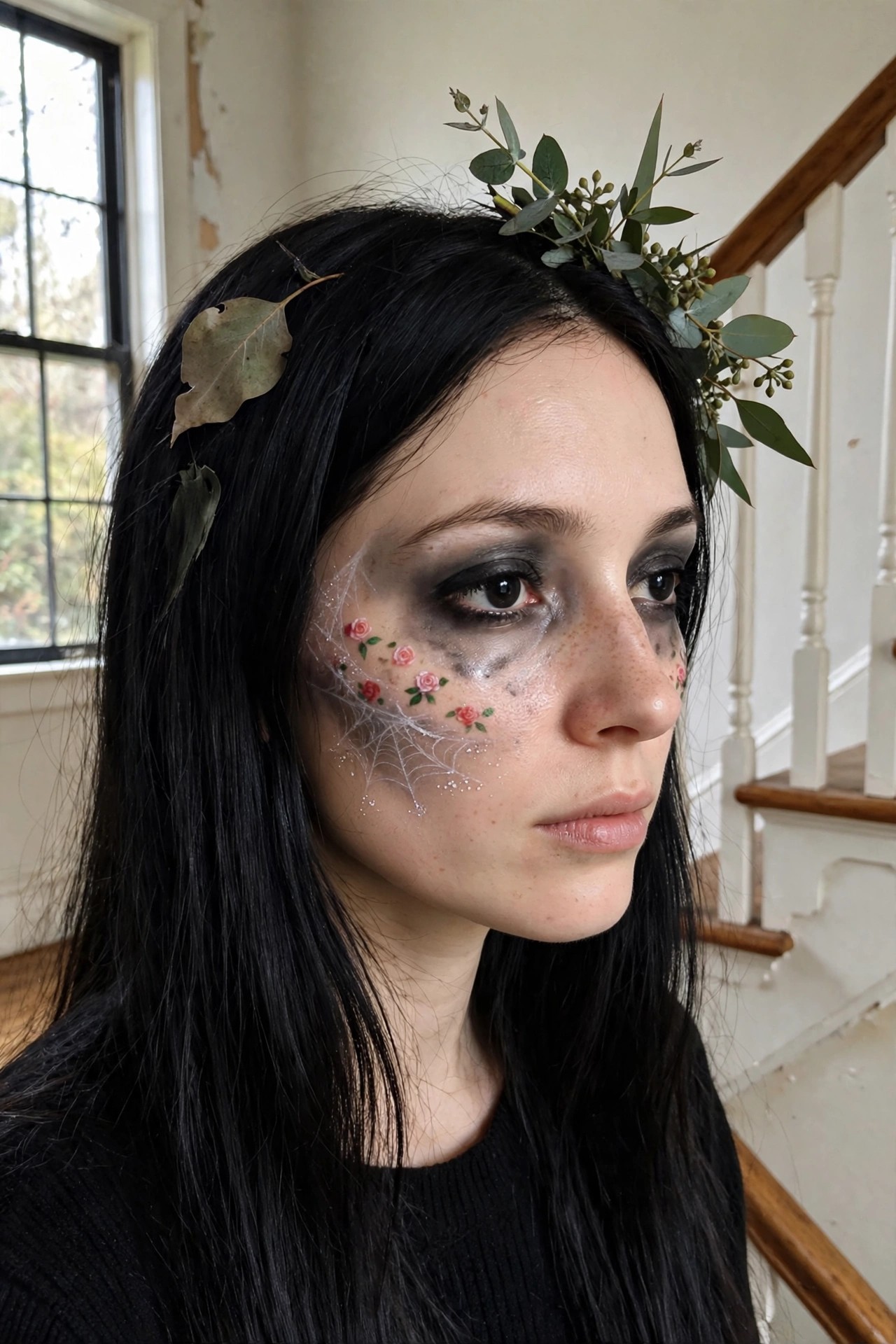 Close up of spiderweb face paint with small pink roses on the cheek, dark smoky eye makeup, and light glitter accents.