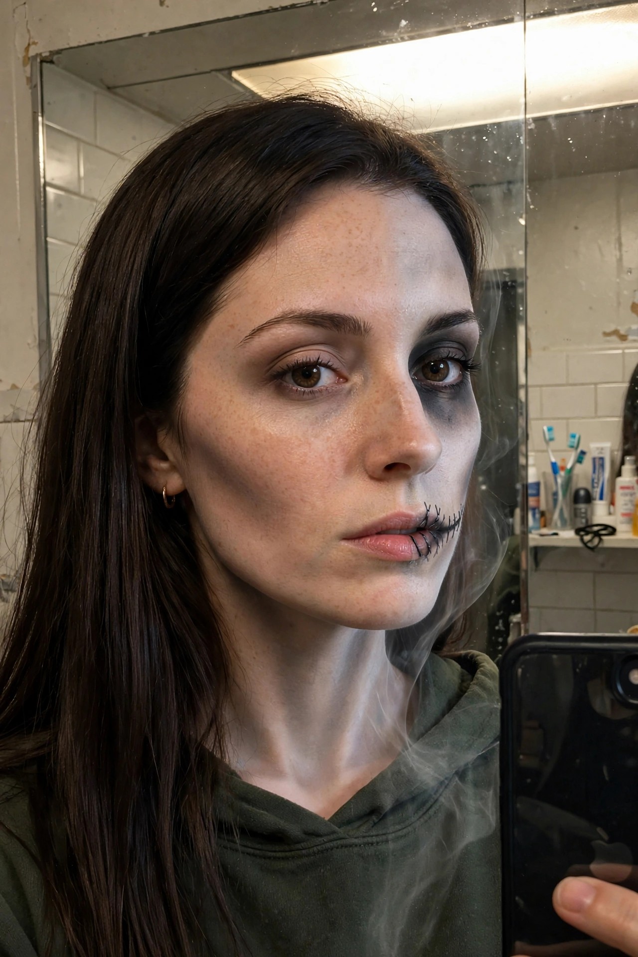 Close-up mirror selfie showing pale white face paint, dark smoky eye on one side, and black stitched lines across the lips for a ghost makeup look.
