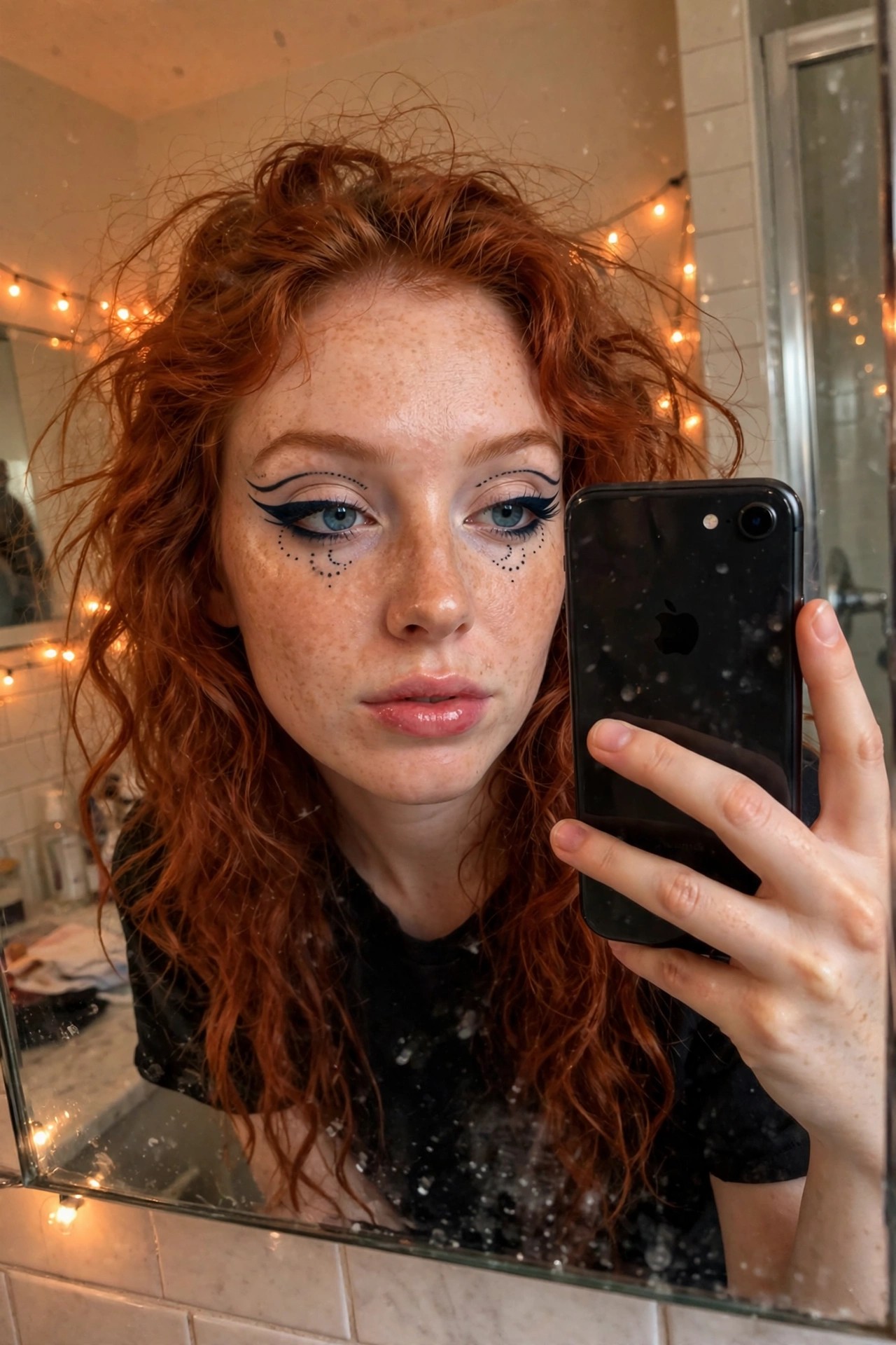 Close-up mirror selfie showing black winged eyeliner with dotted crescent shapes under each eye on a person with red curly hair and freckles.