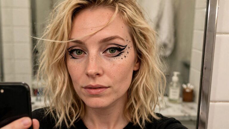 Close-up of dramatic black winged eyeliner with star shapes and scattered dots around the eyes on a person with green eyes and light hair.