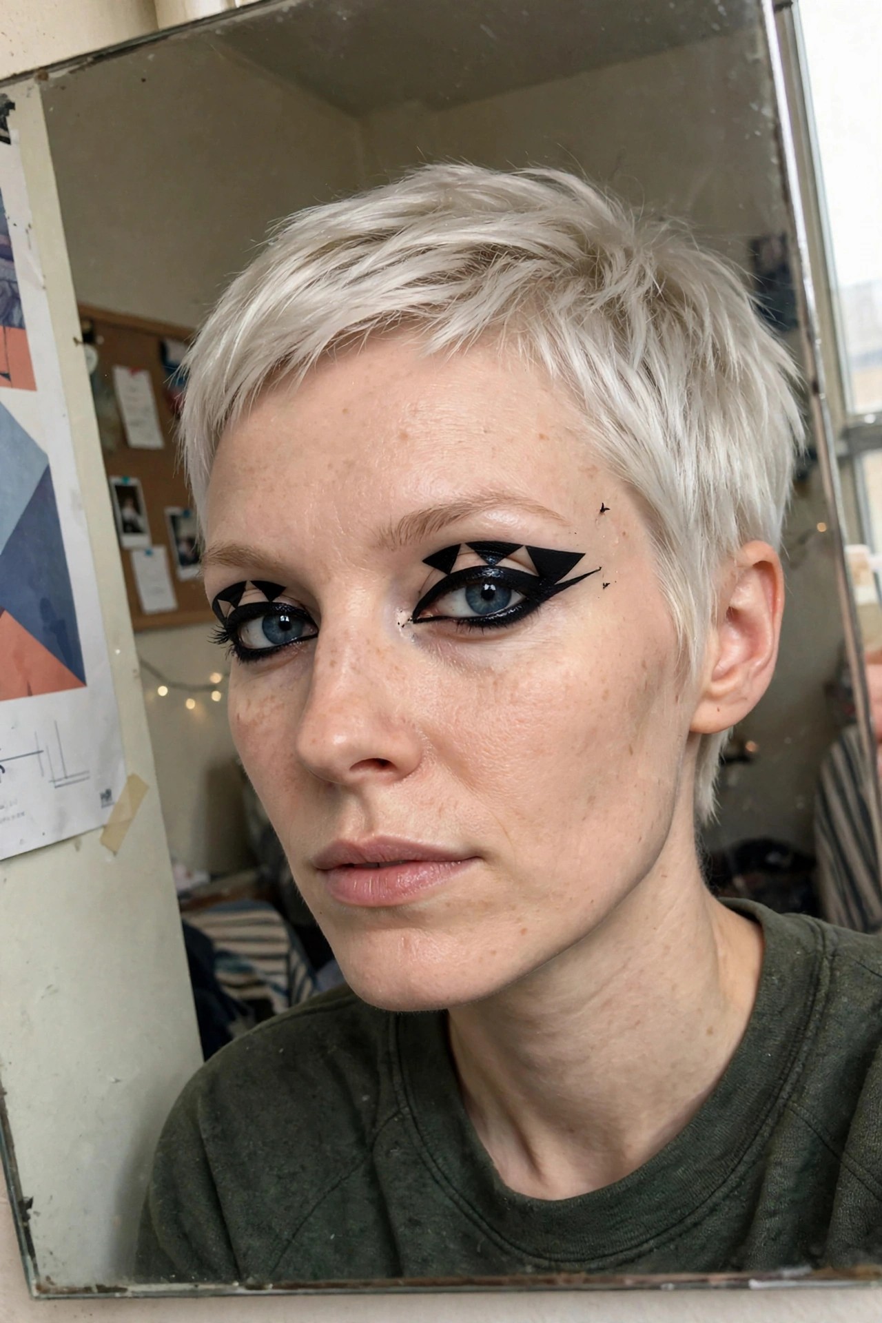 Close up of short platinum hair and dramatic black geometric eyeliner with triangular shapes and small dot accents around the eyes.