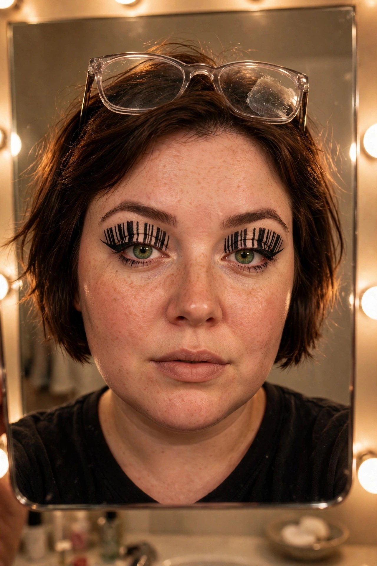 Close-up of woman with short brown hair showing bold black striped graphic eyeliner on both upper lids with long lashes and clear glasses resting on her head.
