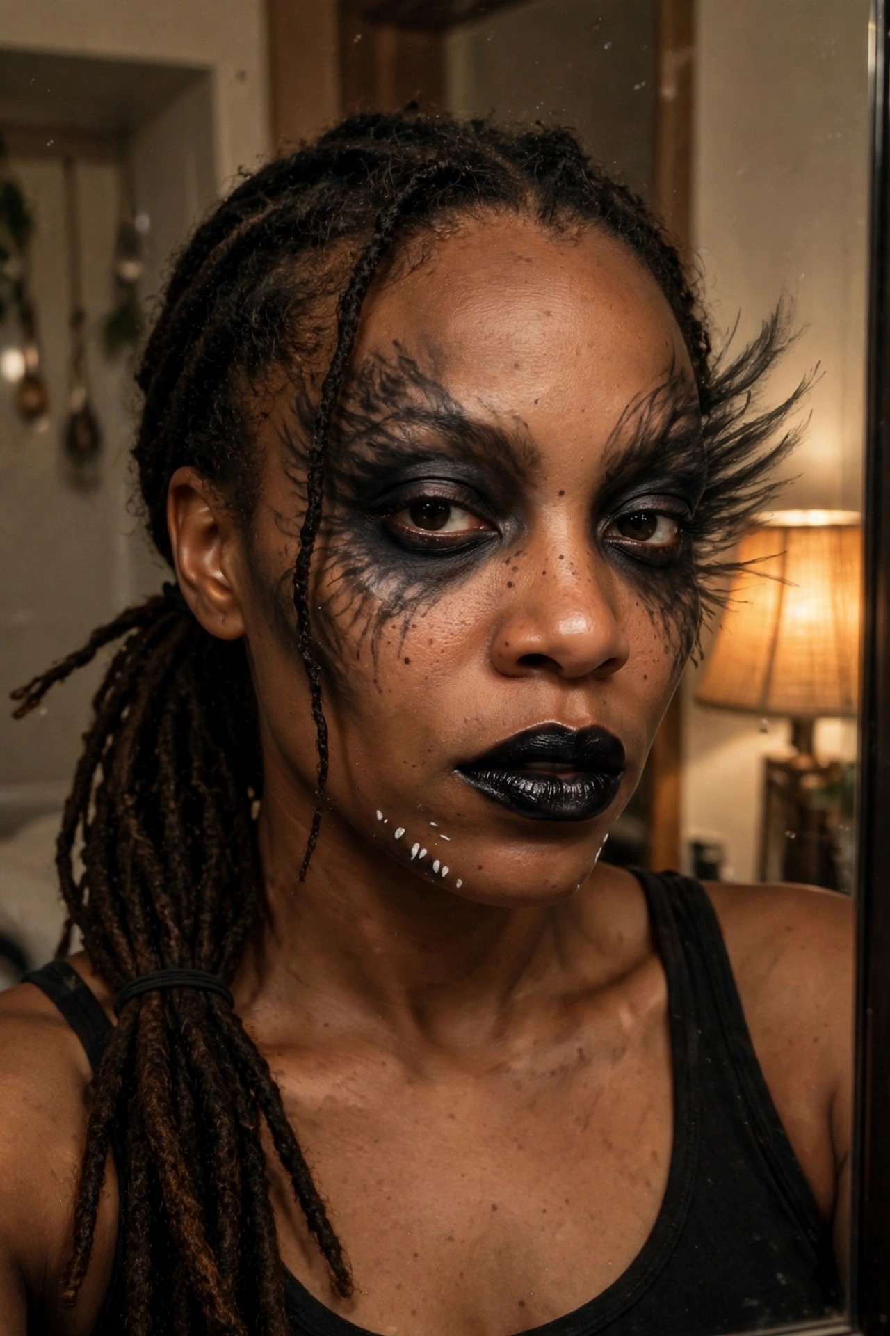 Close-up of dramatic black monster eye makeup with extended jagged wings, heavy black lips, and white drips along the chin.