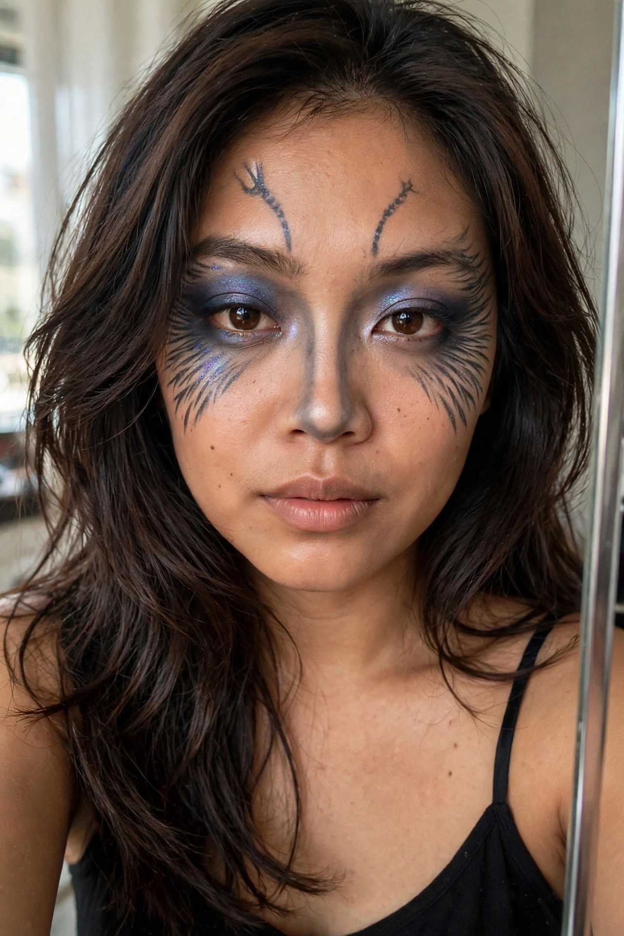 Close-up of a woman with dark brown hair wearing dramatic blue glitter eyeshadow, extended black spiky winged liner across the cheeks, and black cracked vein designs on the forehead.