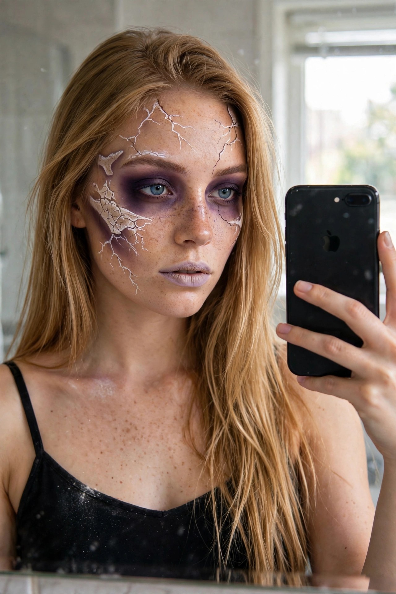 Close up of cracked beige face paint over purple base with white fracture lines around the eyes and forehead.