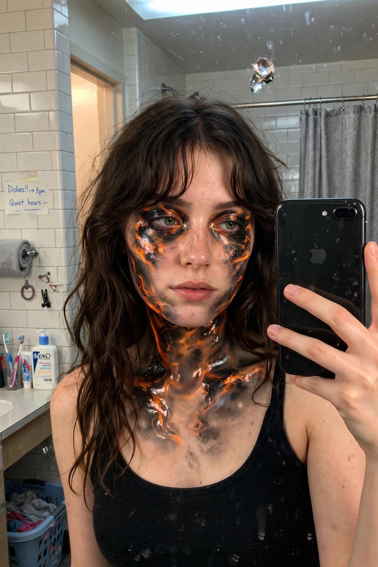 Close-up of a person wearing black and orange cracked lava style monster makeup covering the face and neck with glossy orange fissures over a dark base.