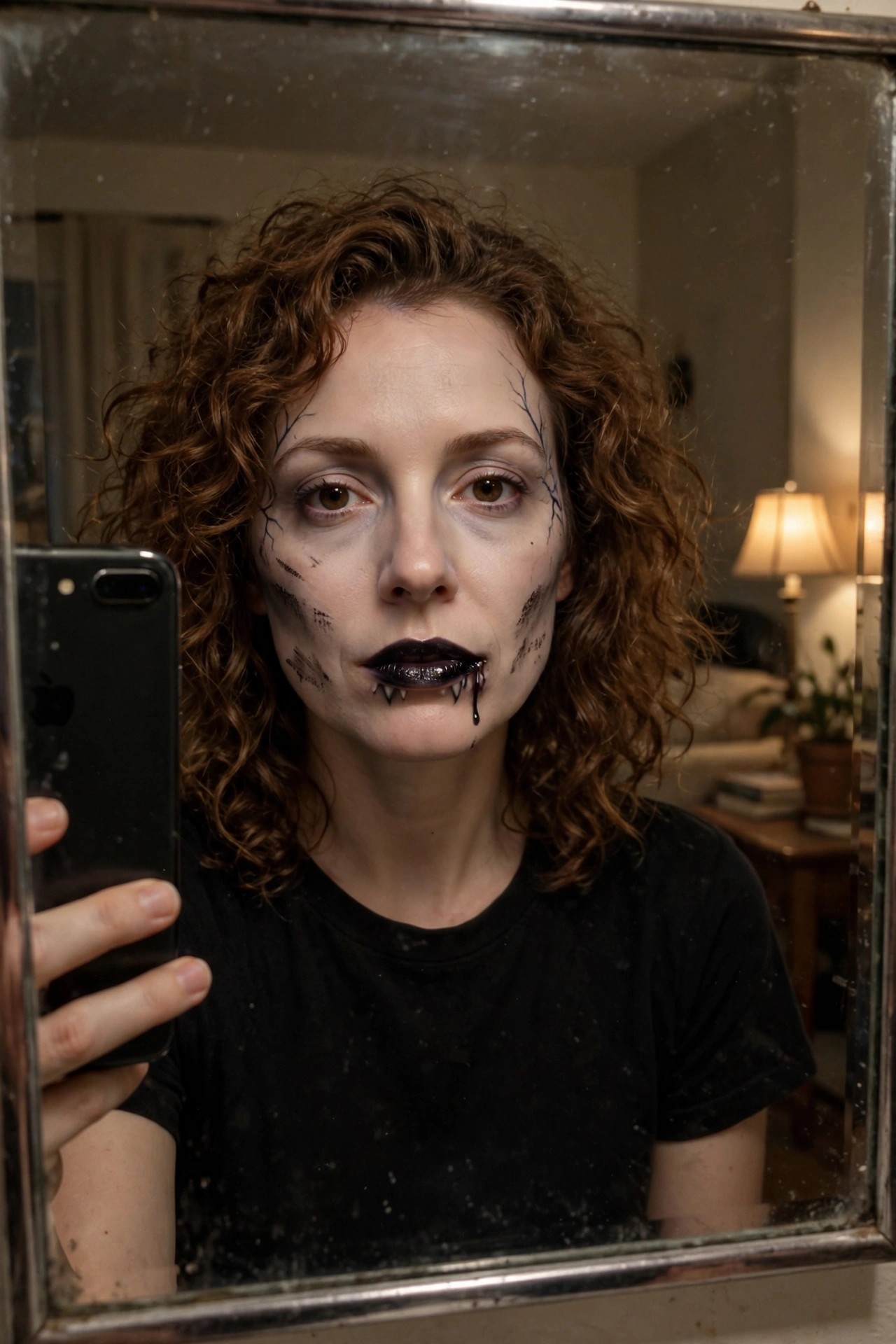 Close-up of monster makeup with white base, black crack lines on forehead and cheeks, black glossy lips with painted fangs and dripping effect.