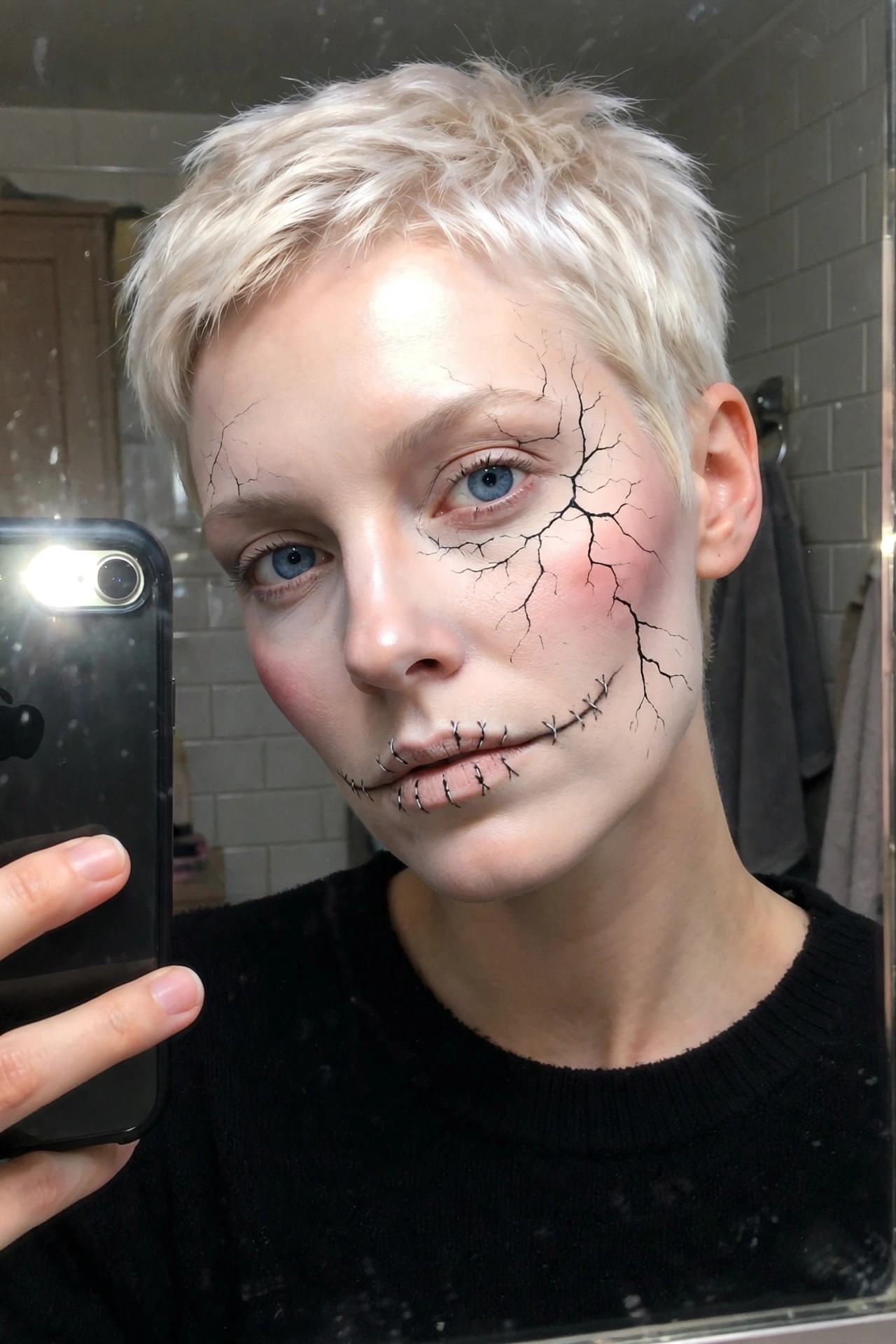 Close-up of short blonde hair and blue eyes with cracked skin makeup on the right side of the face and black stitched lines across the lips.