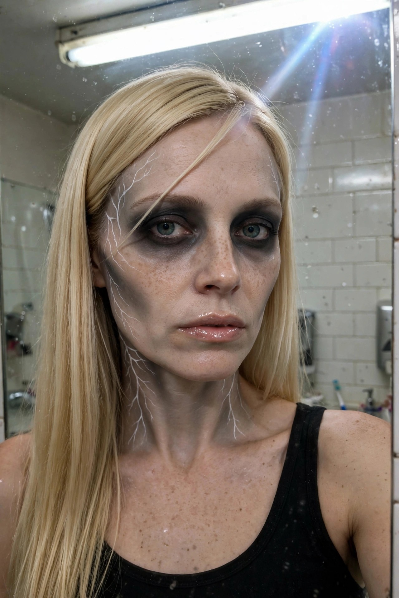 close up of pale face with dark smoky eyes and white branching crack lines painted across forehead cheek and neck for a cracked porcelain monster look