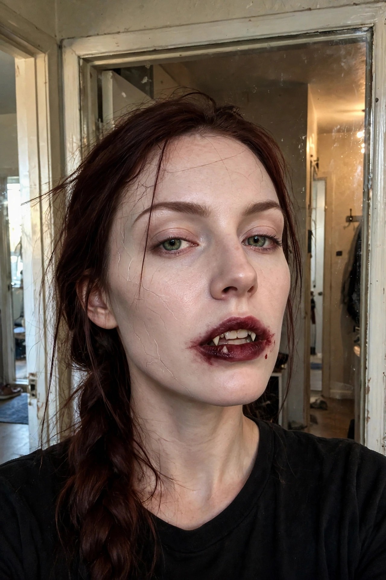 Close-up of cracked porcelain skin makeup with dark red lips, visible fangs, and a small blood detail at the corner of the mouth.