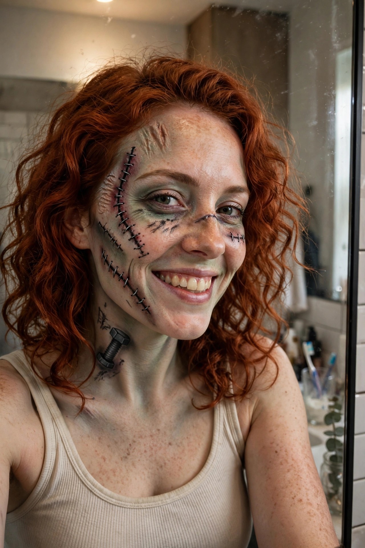 Close-up of woman with red curly hair wearing Frankenstein monster makeup featuring black stitched lines, green skin tone, bolt on neck, and scar details across face and neck.